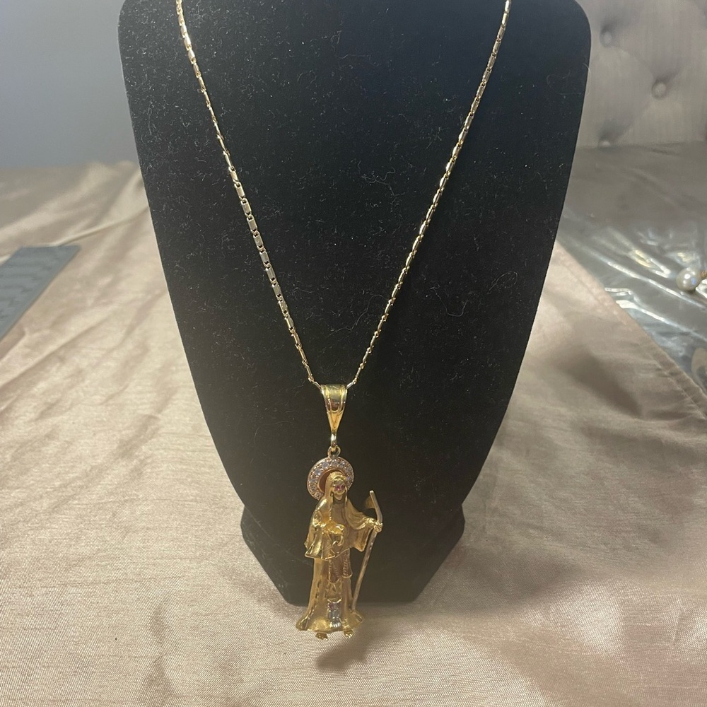Gold Filled Grim Reaper Santa Muerte Pendant with Stones Necklace